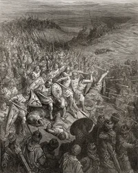 Godfreys soldater kör genom den muslimska armén, illustration från 
